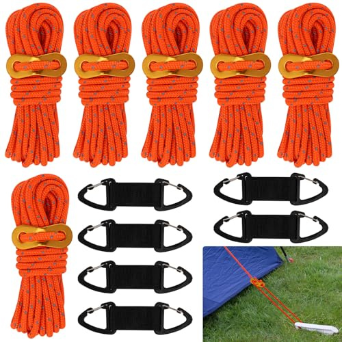BREANIFULL 6 Pcs Reflective Tent Guy Ropes Camping 4m Guide Ropes Outdoor Tent Guide Rope with Locking Carabiner Clip for Outdoor Camping Hiking Caravan Awning Tents