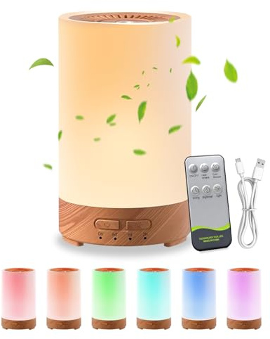 Difusor Aceites Esenciales 150ml con Luz LED de 7 Colores, Imitación Madera Humidificador para Aceites Esenciales, Apagado Automático, Silencioso con Temporizador y Control Remoto para Hogar