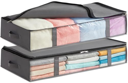 Lifewit Bolsas de Almacenaje para Debajo de la Cama, Cajas para Guardar Ropa con Ventana Transparente Frontal, Organizadore Armario para Toallas, Mantas, Gris, 75 L, 2 Piezas