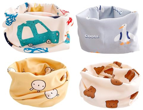 PORUPAEL 4 PCS Children's Cartoon Scarf Kids Neck Warmer Cotton scarf, Loop Neckerchief Snood Scarf, Warm Windproof baby scarves, Versatile Stretchy children's Neck scarves with Cute pattern