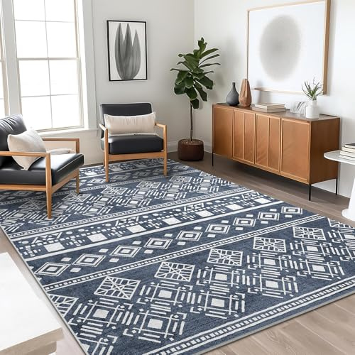 XSIVOD Alfombra 120x160 cm, Pelo Corto Diseño Boho Vintage, Lavable y Antideslizante, para Salón, Dormitorio, Cocina, Comedor, Oficina, Color Azul Marino