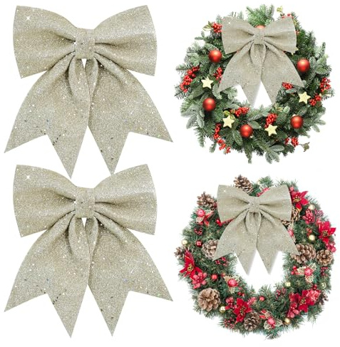 Julgransrosett, 2 st glitter julrosetter, julpynt, juldekoration rosett, julgransbåge spets, för julgran, hängande julgran, presentdekoration (champagne)