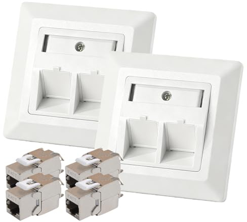 2 x CAT7 Netzwerkdose, Unterputz Aufputz 2 Port mit 4 CAT7 Keystone Modul RJ45 LAN Ethernet Anschlussdose Geschirmt 10 Gbit Datendose für Netzwerk Heim und Büro Installation Weiß
