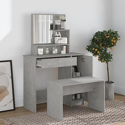 HaoChrymec Set Da Toeletta in Legno Grigio Cemento con Specchio e Sgabello, Vanity Desk for Makeup con Ampio Spazio di Archiviazione, Toilette da Trucco Moderna per Camera da Letto,86.5x35x136 cm