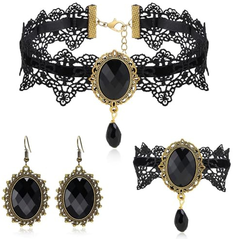 GUIZIYAO Gothic Schmuck Set, 3-teiliges Halsketten-Set mit Ohrringen und Armband, Halloween Vintage Zubehör, Spitze Choker, Gothic Schmuckset Damen für Halloween Karneval Cosplay