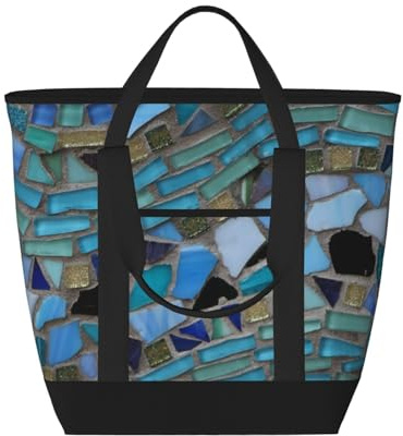 Sac cabas isotherme léger en mosaïque de verre de mer bleu – Grand format, imperméable et adapté au contact alimentaire, idéal pour faire les courses, déjeuner, pique-niquer et emporter des plats.
