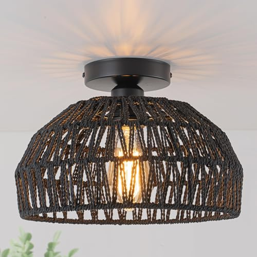 COOINJOY Schwarze Rattan Deckenleuchte im Boho Stil – Moderne geflochtene Hängelampe aus Naturfaser mit Metall Baldachin – E27 Deckenlampe für Wohnzimmer & Schlafzimmer(keine Glühbirne)