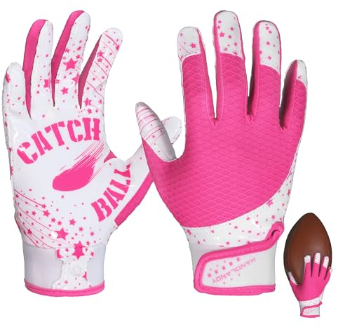 HANDLANDY HLDD American-Football-Handschuhe für Kinder und Jugendliche – Supergriffige Receiver-Handschuhe mit starkem Griff und hoher Strapazierfähigkeit (Rosa, M/L)