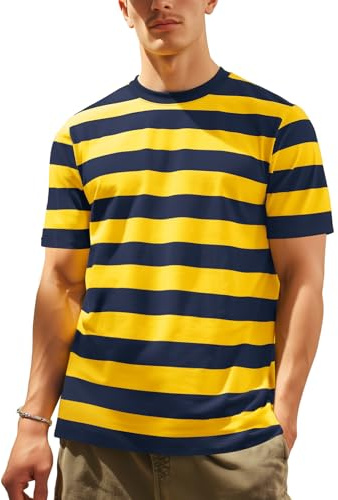 Zengjo Men's Horizontal Striped T Shirt - Short Sleeve Crew Neck,Navy Blue/Yellow,L