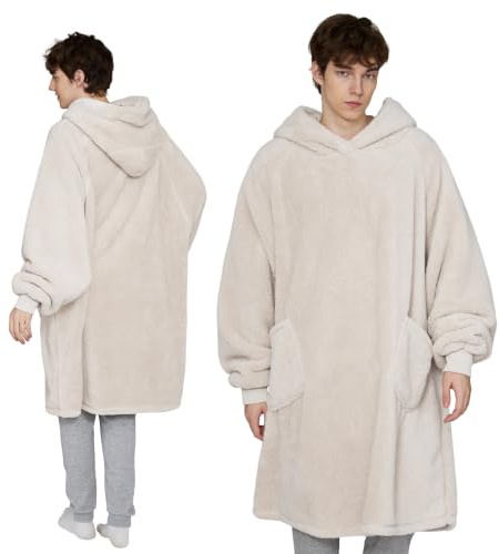 BEDSURE Hoodie Decke mit Ärmeln Beige - 107x90cm | Weiche, Warme Kuscheldecke mit Ärmeln, Tragbar mit praktischen Taschen, ideal für Couch & Winter