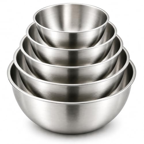 DDUP Stainless Steel Mixing Bowls Set 5 PCS, Nesting Metal Prep Bowls | The Flat Base Design – Diameter from 17 to 28 cm, Rustproof & Dishwasher Safe Kitchen Baking Bowls for Salad, Cooking, Baking