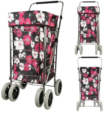 6 Wheel Shopping Trolley – Foldable, Extra Large, Capacity 75.6L, with Adjustable Handle, Lightweight 6-Wheel Premium Model, 102cm, 5.25kg, Push/Pull, Pink Flower, Polyester