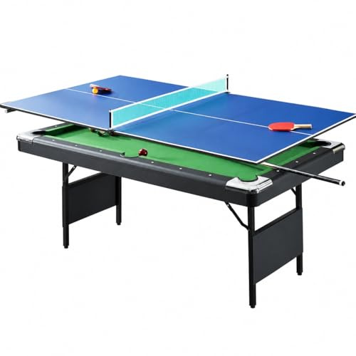 Yunmeryker Klappbar Billardtisch mit Tischtennisplatte, Multifunktionstisch für Partykell & Wohnzimm, Spieltisch, installationsfrei, Black, Grün, 6 Fuß mit Tischtennisplatte