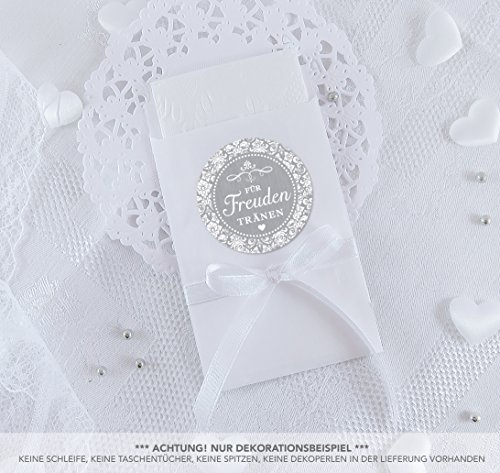 SET GROß: 48 Freudentränen Sticker + 48 weiße Flachbeutel - 63 x 93 mm für Freudentränen Taschentuch Verpackungen • GRAU mit Ornamenten im Packpapier Shabby Chic Look • 4cm Durchmesser, matt