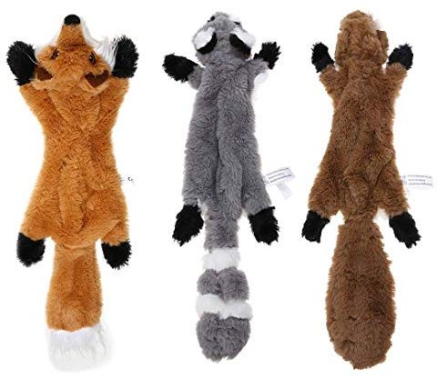 Fyllningsfri hundleksak, fyllningsfri hundtuggleksaks set med ekorre tvättbjörn och räv pipig plysch hundleksaker för små och medelstora hundar – 3-pack, 46 cm