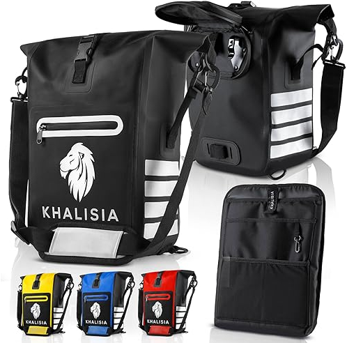 KHALISIA Fahrrad Rucksack Gepäcktasche | wasserdichte Fahrrad-Tasche mit Rucksackfunktion 3 in 1 | inkl. Laptoptasche herausnehmbar| große Reflektoren (schwarz)