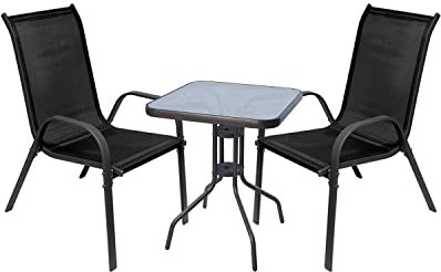Mojawo Luxus Bistrogarnitur Gartengarnitur - 3-teilig - Tisch Glas/Metall Ø60xH70cm + 2 Stapelstühle Anthrazit Schwarz