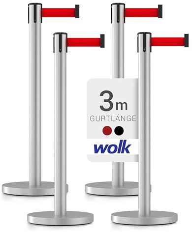 wolk Gurtpfosten 4er Set Edelstahl 3 m, Absperrpfosten Personenleitsystem | 4 Absperrständer mit 3 m schwarzem Gurtband, 4-Wege-System für Warteschlangen, Kassen, Messen, Hotels und Veranstaltungen