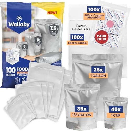 Wallaby 100 st kil mylar väska bunt – flera storlekar 7,5 mil och 5 mil stående blixtlåspåsar, 100 x 400 cc syreabsorberande, 100 x etiketter – värmeförseglbar och livsmedelssäker silver 100-pack