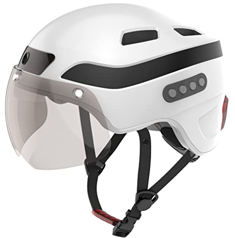 Casque de vélo pour Adulte, Casque Bluetooth Intelligent avec enregistreur de Conduite et Fonction de feu arrière LED pour visière Amovible (Blanc amélioré, L)
