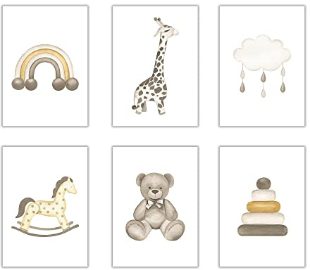 WBdesignz Kinderzimmer Bilder 6er Set Babyzimmer Poster Boho Vintage Deko