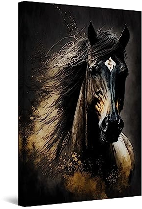 Startonight Quadro su Tela - Cavallo Dorato Nero - Grande Opere d'Arte Pronte per Appendere Stampa Moderna e Contemporanea 60 x 90 cm Decorazione Parete, Idea Regalo Elegante Luminoso al Buio