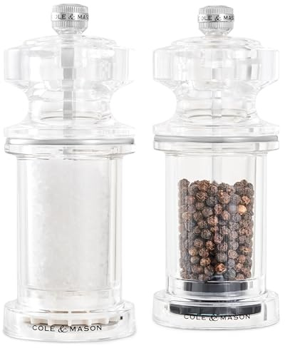 Cole & Mason 605 Salt and Pepper Mill Set, Precision+/Ceramic Mechanisms, Adjustable Salt and Pepper Grinders, Acrylic, 144mm, Cooking/Seasoning, Lifetime Mechanism Guarantee