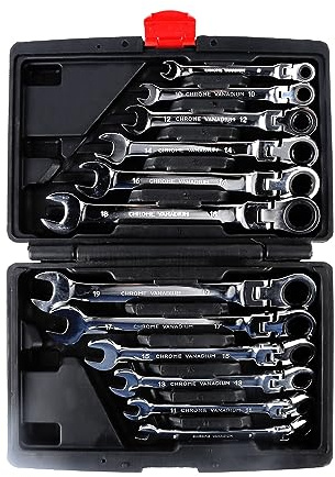 RELOVE Jeu de clés mixtes à cliquet | 8-19 mm | 12 pièces-clés à cliquet articulées I Clé à cliquet à bout libre-Jeu de Clés Plates Mixtes-kit d’outillage + Sac de transport (12PC-Noir B)