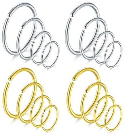 Ryaupy 16er Set Fake Nasenringe in verschiedenen Größen - Nasenpiercing Schmuck aus Edelstahl für Nase, Lippe, Tragus und Helix - Geeignet für Frauen und Männer, 6/8/10/12mm - Gold und Silber