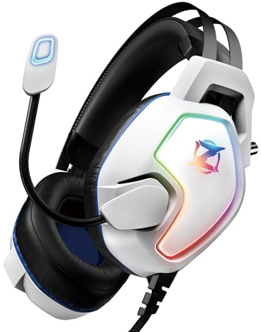 Ozeino Casque Gaming pour Ps5 Ps4 PC Xbox Switch, Casque Gamer à réduction de Bruit avec Micro, Lumière RGB, Serre-tête à Suspension Auto-Ajustable, Casque Jack 3.5mm, Blanc