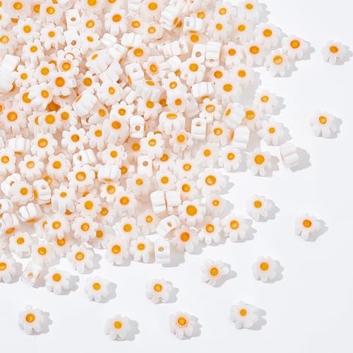 NBEADS Über 300 Stück 3 Stränge Gänseblümchen-Perlen, Handgemachte Millefiori Lampwork Glasperle Flache weiße Blume Lose Abstandshalter Perle für DIY Halskette Armband Ohrring Making Crafts
