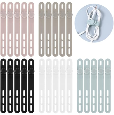 20 Pcs Silicone Cable Ties Reusable Cable Straps Cord Ties for Electrical Charging Cable Management Organizer Multipurpose Elastic Cord Straps for Bundling Appliances Charging Cords Earphone Cable