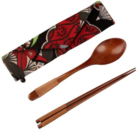 Set de Couverts Portables en Bois 3 Pièces avec Paquet en Lin Marron | Cuillère de Service et Baguettes, Manche Triangulaire Arrondi, Usage pour Riz Cuisine Chinoise Couleur Aléatoire