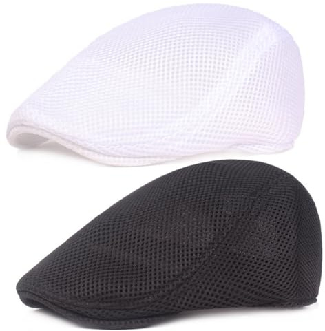 2PCS Sommermütze Herren Barett Cap Sommer Atmungsaktive Mesh, Newsboy Gatsby Barett Cap für Männer und Frauen, Unisex Flache Kappe Driving Schiebermütze Sportmütze Sonnenhut Flat Cap Größe 55cm-58cm