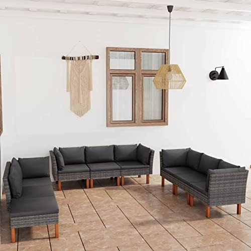 Homgoday 9-TLG. Garten-Lounge-Set mit Kissen Gartenlounge Sofa Balkon Lounge Sofa Ecksofa Garten Sitzgruppe Gartenmöbel Set Balkonmöbel Gartengarnitur Poly Rattan Grau