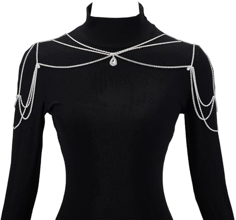 NICENEEDED Cadena para el Cuerpo con Diamantes de Imitación para el Hombro, Cadena Trasera de Varias Capas con Colgante de Gota de Agua, Cadena de Fondo Nupcial Cadena de Brazo de Cristal