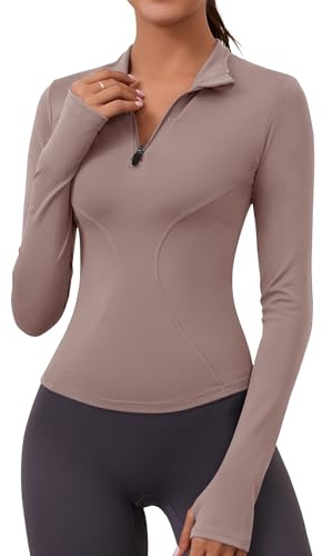 Rapbin Gym Top Damen Langarm Sport Oberteil T-Shirt Leicht Fitness Yoga Running Shirt mit 1/4 Reißverschluss und Daumenloch (Haiyueyan,L)