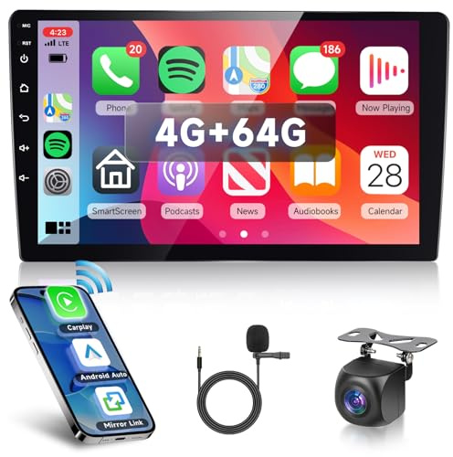Hodozzy 4G+64G Android 2 Din Écran Tactile 10,1 Pouces Autoradio avec Navigation GPS Bluetooth sans Fil Carplay Android Auto, Poste Radio Voiture Double Din WiFi FM/RDS Radio EQ/USB/SWC+Caméra Recul