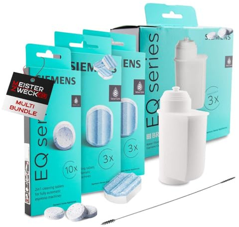 MEISTERZWECK4U Pflegeset Kaffeevollautomaten 1x Reinigungstabletten, 2x Entkalkungstabletten, 3er Pack Wasserfilter & Reinigungssbürste, kompatibel mit Siemens EQ Series, Reinigungsset Kaffeemaschinen
