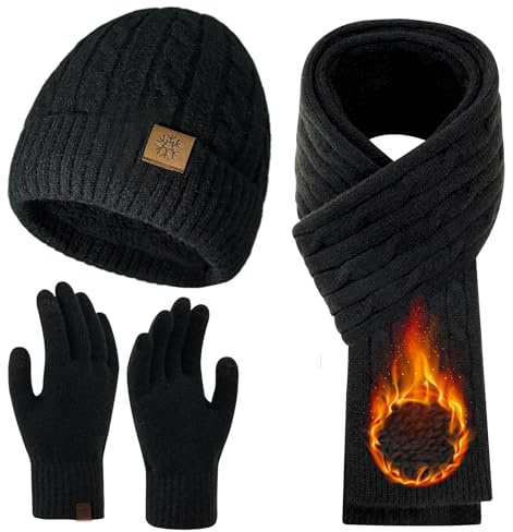 MA COWCF Womens Winter Beanie Hat Scarf Gloves Set Knit Touch Screen Gloves Long Scarf Skull Caps Fleece Lined Winter Gift for Women Men(Black)