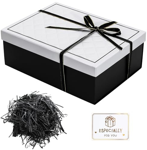 Geschenkbox mit Deckel 25x18x9cm, Geschenkbox mit Schleifen(Schwarz-weißer) | Geschenkkarton mit Grußkarten, Raffia Hamper Shreds für Hochzeit Geburtstag Weihnachten, Jahrestag, Ostern