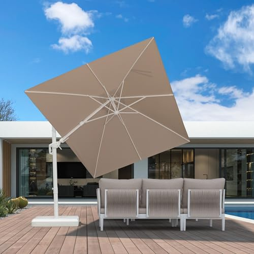 PURPLE LEAF Ampelschirm Twist 250 × 350 cm mit Kurbel 360° Rotation, Beige | 5-Fach Verstellbar, Beidseitig Axial Schwenken, Sonnenschirm Weißer Alurahmen, UV50+, 8 Stabile Streben, Farbechtes Polyester