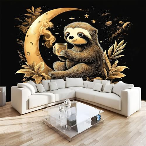 Tapete Fototapete 3d Effekt Cartoon-Tier-Faultier-Mondpflanze Wandbild Wanddeko für Wohnzimmer Schlafzimmer, Schwarz Vlies Tapeten mit Geruchsfreiheit Wandposter Wandkunst, 200x140cm