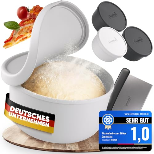 Pizzaballenbox mit Deckel 4er Set inkl. Teigschaber - Ideal als Pizzabox, Teigbox, Für bis zu 350g Pizzateig, Anti-Haft-Silikon, Gefrier- und Spülmaschinengeeignet, Lebensmittelecht Schwarz/Weiß