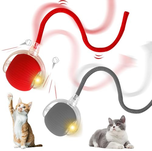 Vmxlso 2 PCS Interactive Cat Ball Toy, Cat Toy Ball with Tail, Rechargeable Chewie Viral Rolling ball, Active Rolling for cats, 360° Smart Automatic, Red + Grey