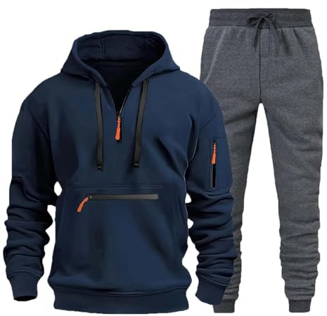 Tute da Ginnastica Uomo Due Pezzi Felpa Con Zip e Cappuccio + Pantaloni Completo Invernale Elegante Set Tracksuit Tute Traspirante Comodo Completi Tuta Sportiva Primavera e Autunno (05-Navy, XXXL)