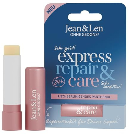 Jean & Len Lip Balm Express Repair & Care, vegan, 4,7 g | Skyddar läpparna mot uttorkning, med 1,5% lugnande panthenol & ekologiskt sheasmör, utan palm- & mineralolja