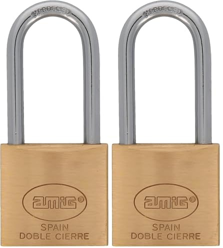 Amig - Candado de seguridad | Incluye 2 llaves | Arco largo | Latón y arco de Acero | Para taquillas de gimnasio, puertas, armarios, maletas, mochilas | Doble cierre | Ancho: 25 mm (Paquete de 2)