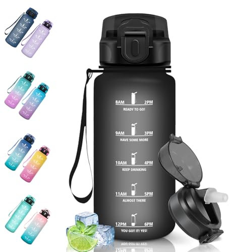 Motswedi 500 ml, Borraccia con Cannuccia, a Prova di Perdite, Reutilizables, Borraccia Palestra, Senza BPA, Motivazionale per Scuola, Palestra, Ufficio, Running, Ciclismo, Nero