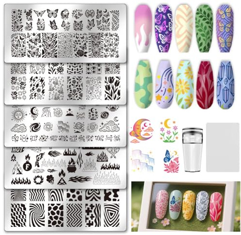 UNICRAFTALE 5 Stück Schmetterlings Nagelstempel Schablone Blumenmotiv Flammen Nagelstempel Set Wiederverwendbarer Abstrakte Texturen French Tip Nägel Stempelstern Edelstahl Nägel Stempelplatten